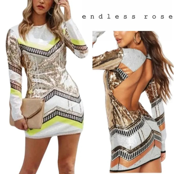 NWT, Endless Rose, Sequin Long Sleeve Mini Dress, Lime Multi, Gold, White Yellow - Picture 1 of 15